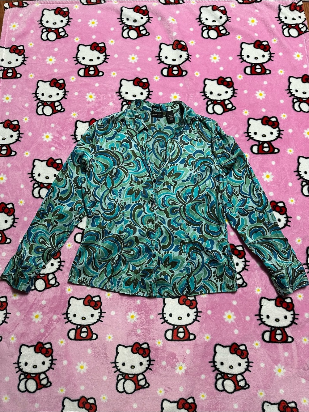 New York & Company Teal and Blue Swirl Button-Up Silk Blouse